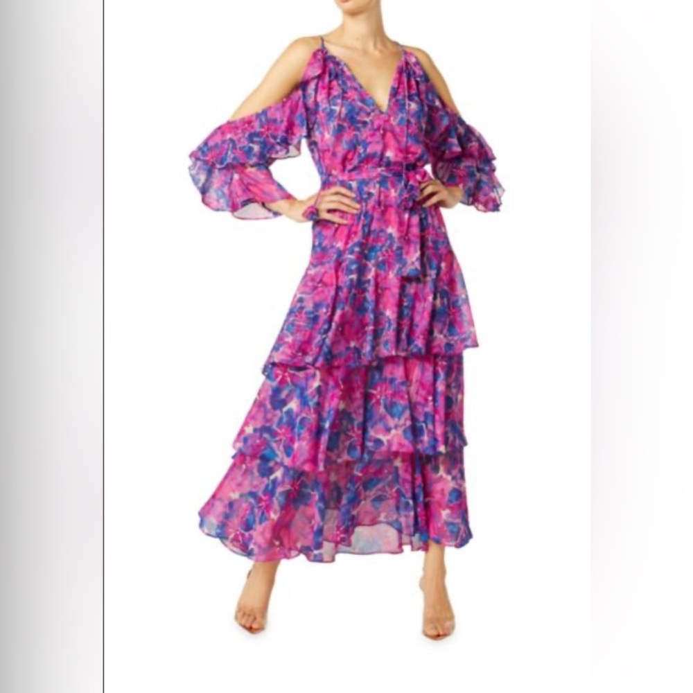 Misa Los Angeles Paradis Tiered Floral Maxi Dress Watercolor Blues XS